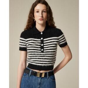 J.Crew Brushed Cashmere Short-Sleeve Sweater Polo SZ XS Black White Stripe Fuzzy